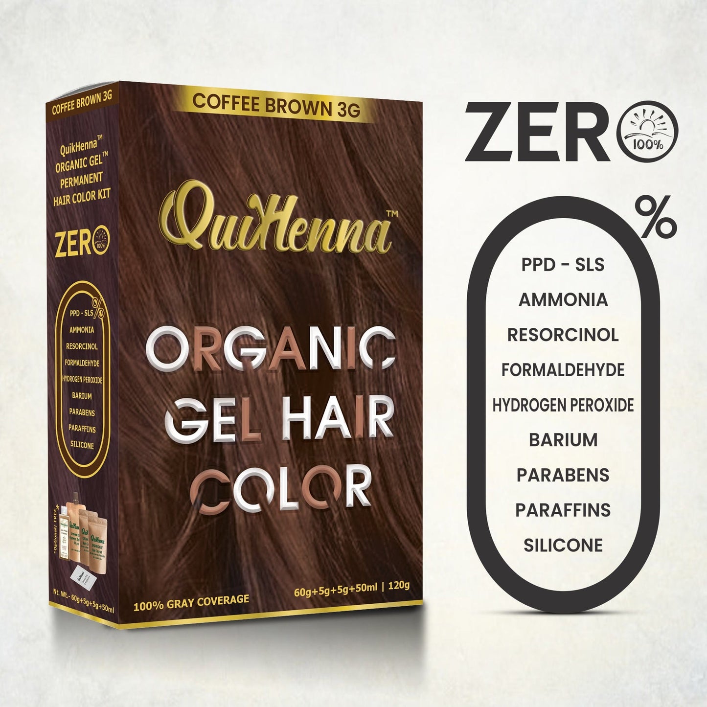 QuikHenna Damage Free Organic Gel Hair Color Coffee Brown 3G 120g (pack of 2) - QUIKHENNA