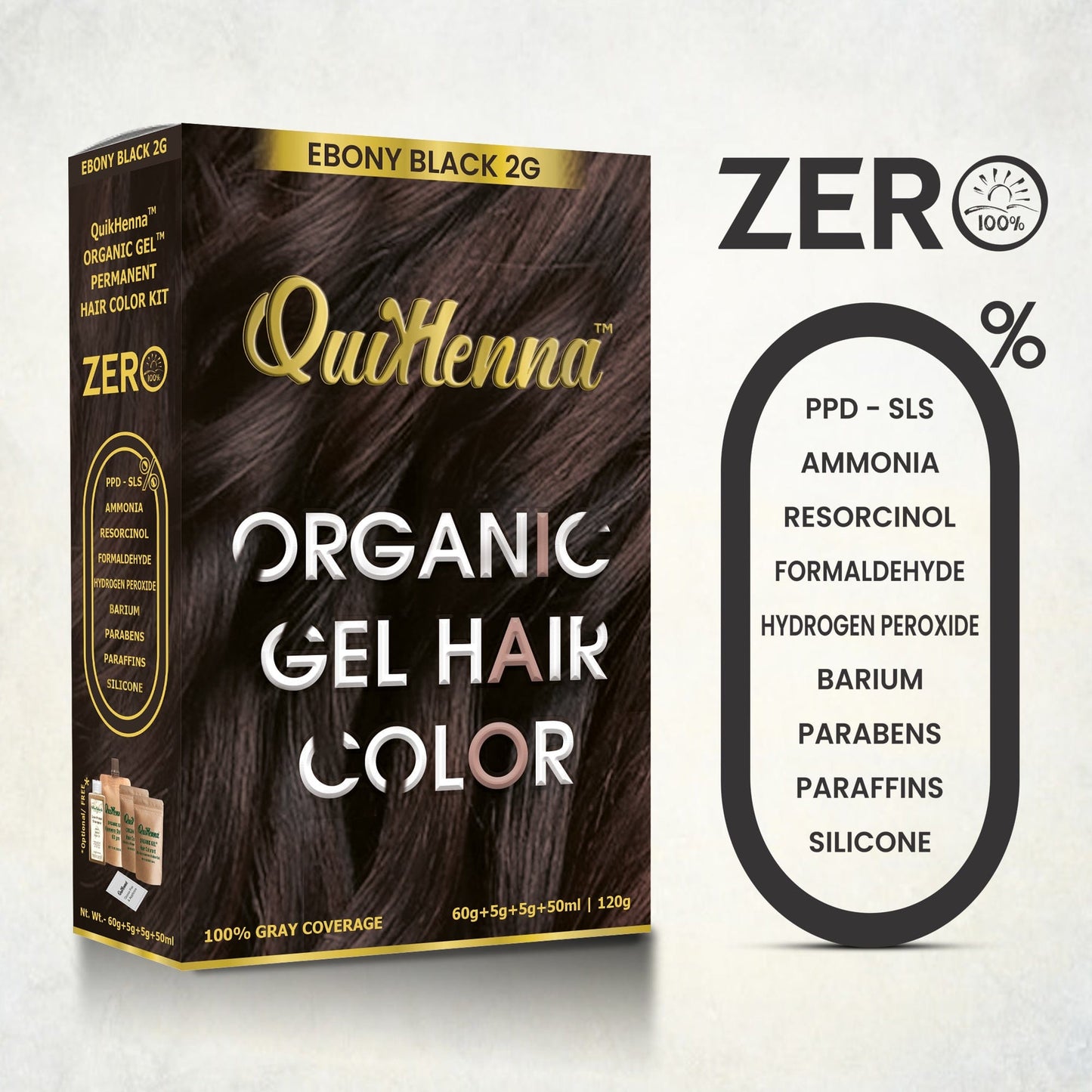 QuikHenna Damage Free Organic Gel Hair Color Ebony Black 2G 120g (pack of 2) - QUIKHENNA