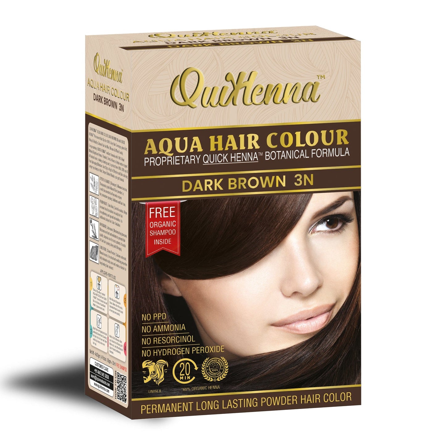 QuikHenna Aqua Powder 3N Dark Brown Hair Color For Unisex 110g - QUIKHENNA