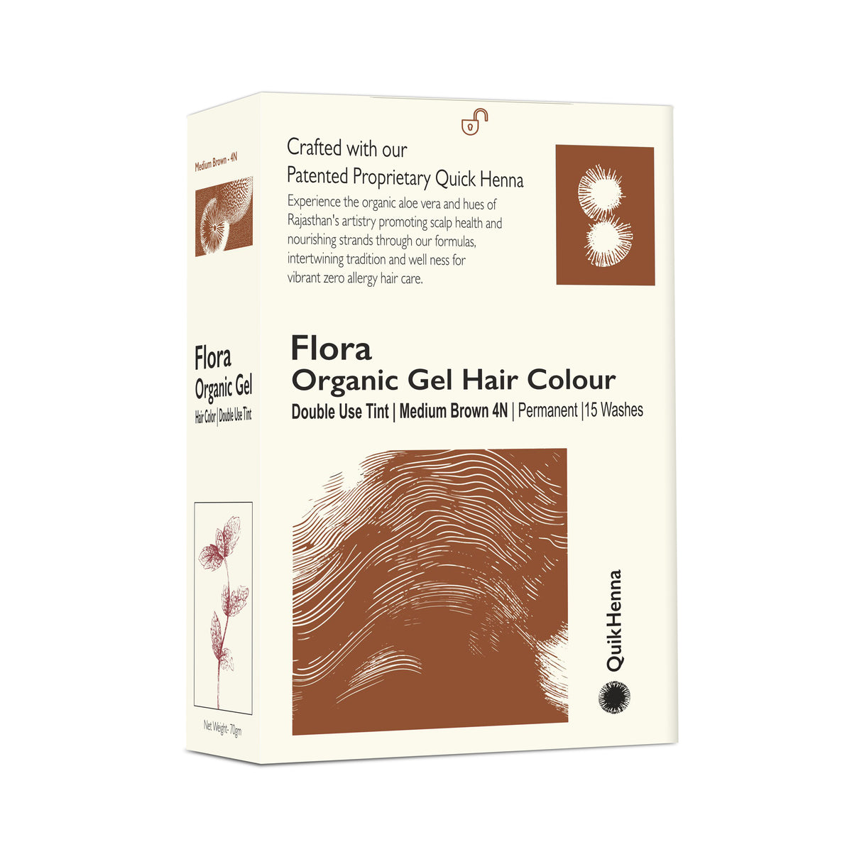 QH+ Quikhenna Flora Double Use Tint Organic Gel Hair Color –  Medium Brown 4N , Ammonia-Free, Long-Lasting, Organic & Vegan, Dual Application