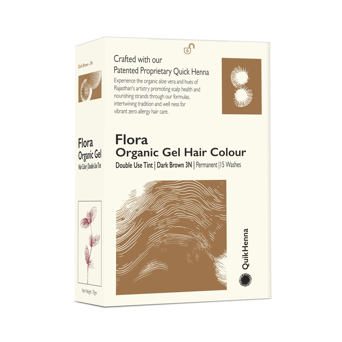 QH+ Quikhenna Flora Double Use Tint Organic Gel Hair Color –  Dark Brown 3N , Ammonia-Free, Long-Lasting, Organic & Vegan, Dual Application