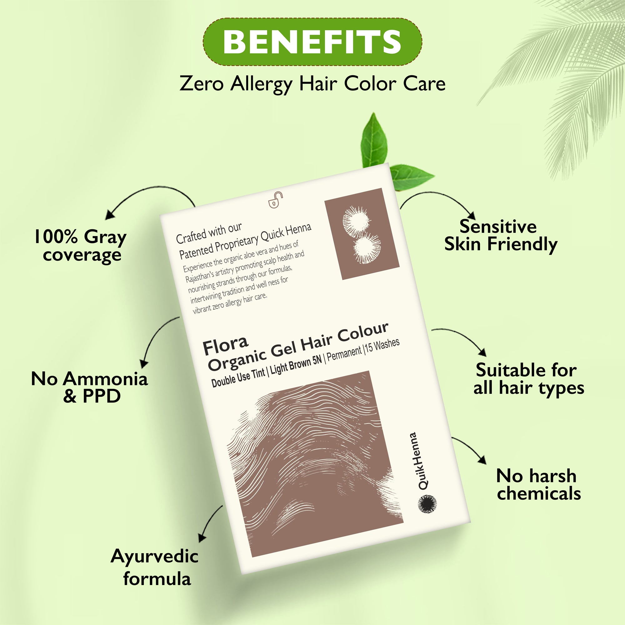 QH+ Quikhenna Flora Double Use Tint Organic Gel Hair Color –  Light Brown 5N , Ammonia-Free, Long-Lasting, Organic & Vegan, Dual Application