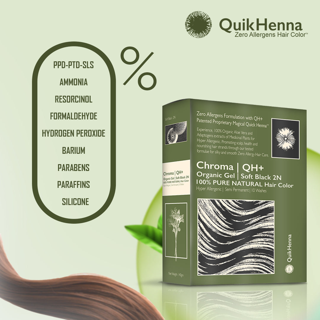 QH+ QuikHenna CHROMA Organic Gel 100% Pure Natural Zero Allergens Hair Color- 140gm- 2N Soft Black