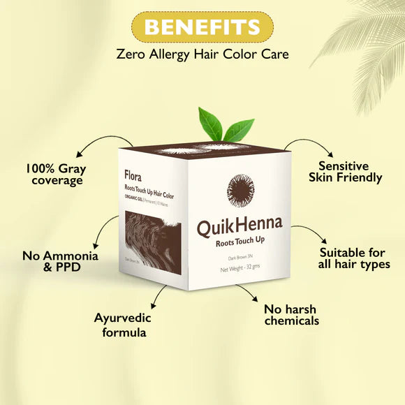 QH+ Quikhenna Flora Organic Gel Roots Touch up Hair Color Infused with Zero Allergy Magical Quick Henna Compund - 3N Dark Brown