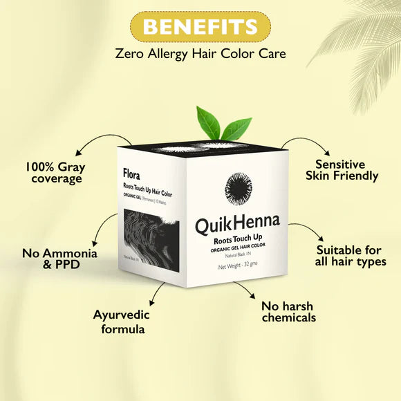 QH+ Quikhenna Flora Organic Gel Roots Touch up Hair Color Infused with Zero Allergy Magical Quick Henna Compund - 1N Natural Black