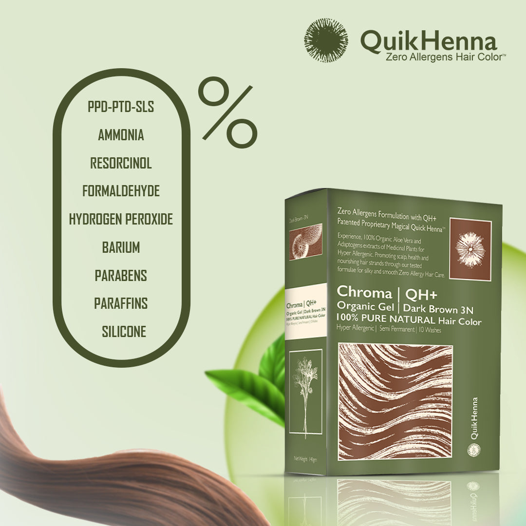 QH+ QuikHenna CHROMA Organic Gel 100% Pure Natural Zero Allergens Hair Color- 140gm- 3N Dark Brown