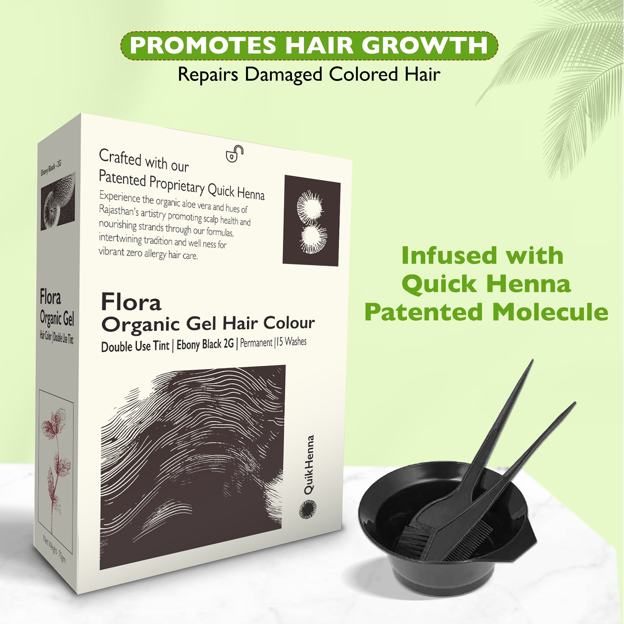 QH+ Quikhenna Flora Double Use Tint Organic Gel Hair Color –  Ebony Black 2G , Ammonia-Free, Long-Lasting, Organic & Vegan, Dual Application