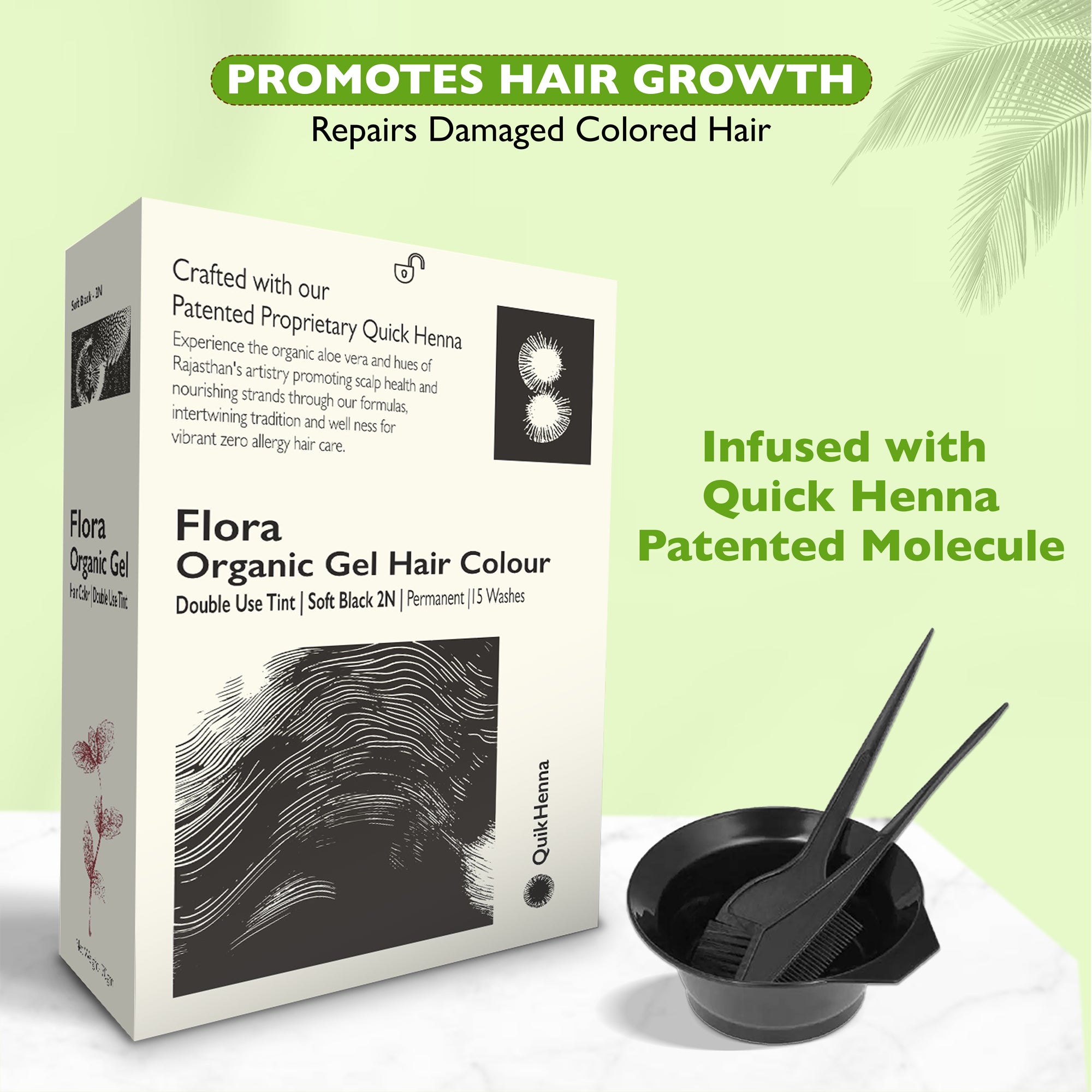 QH+ Quikhenna Flora Double Use Tint Organic Gel Hair Color – Soft Black 2N, Ammonia-Free, Long-Lasting, Organic & Vegan, Dual Application