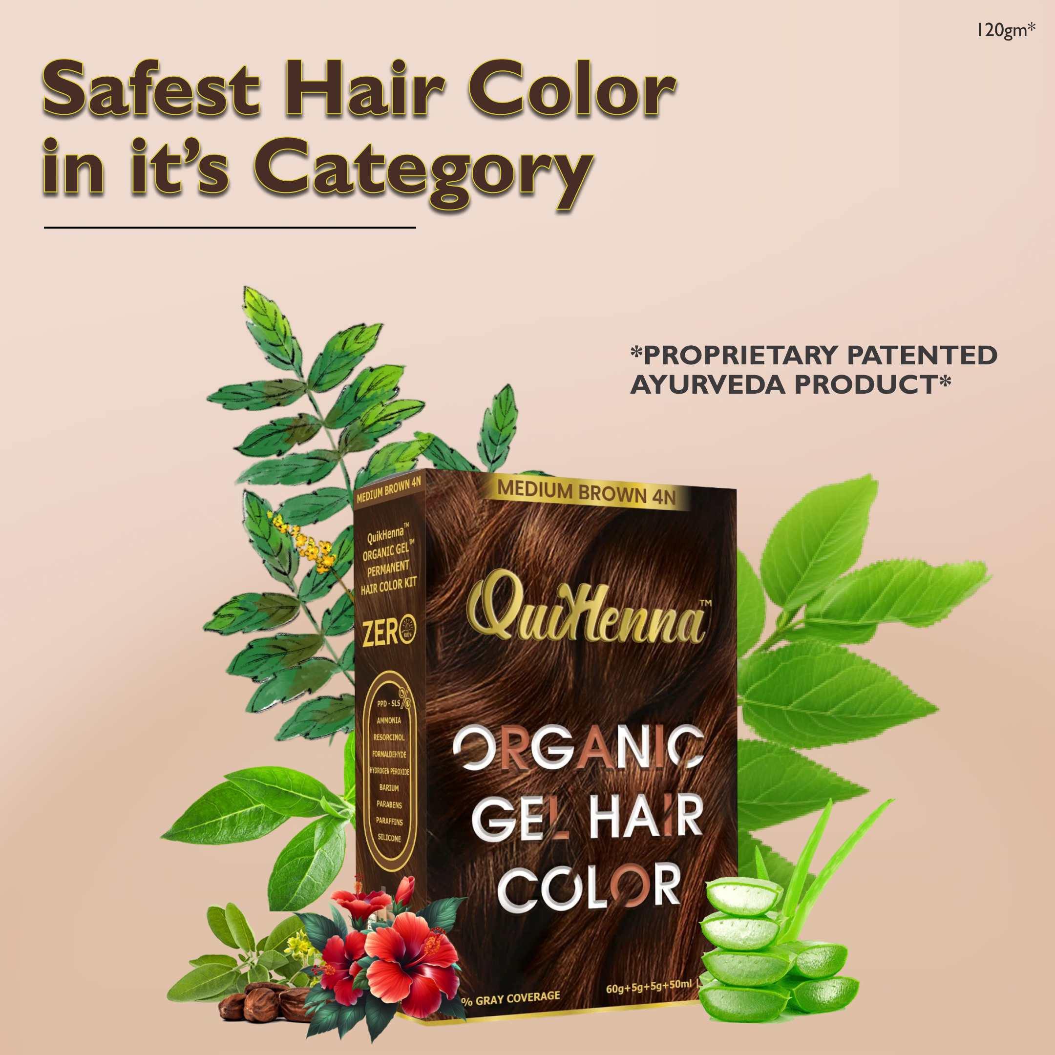 QuikHenna Zero Allergic 4N Medium Brown Damage Free Organic Gel Hair Color 120g