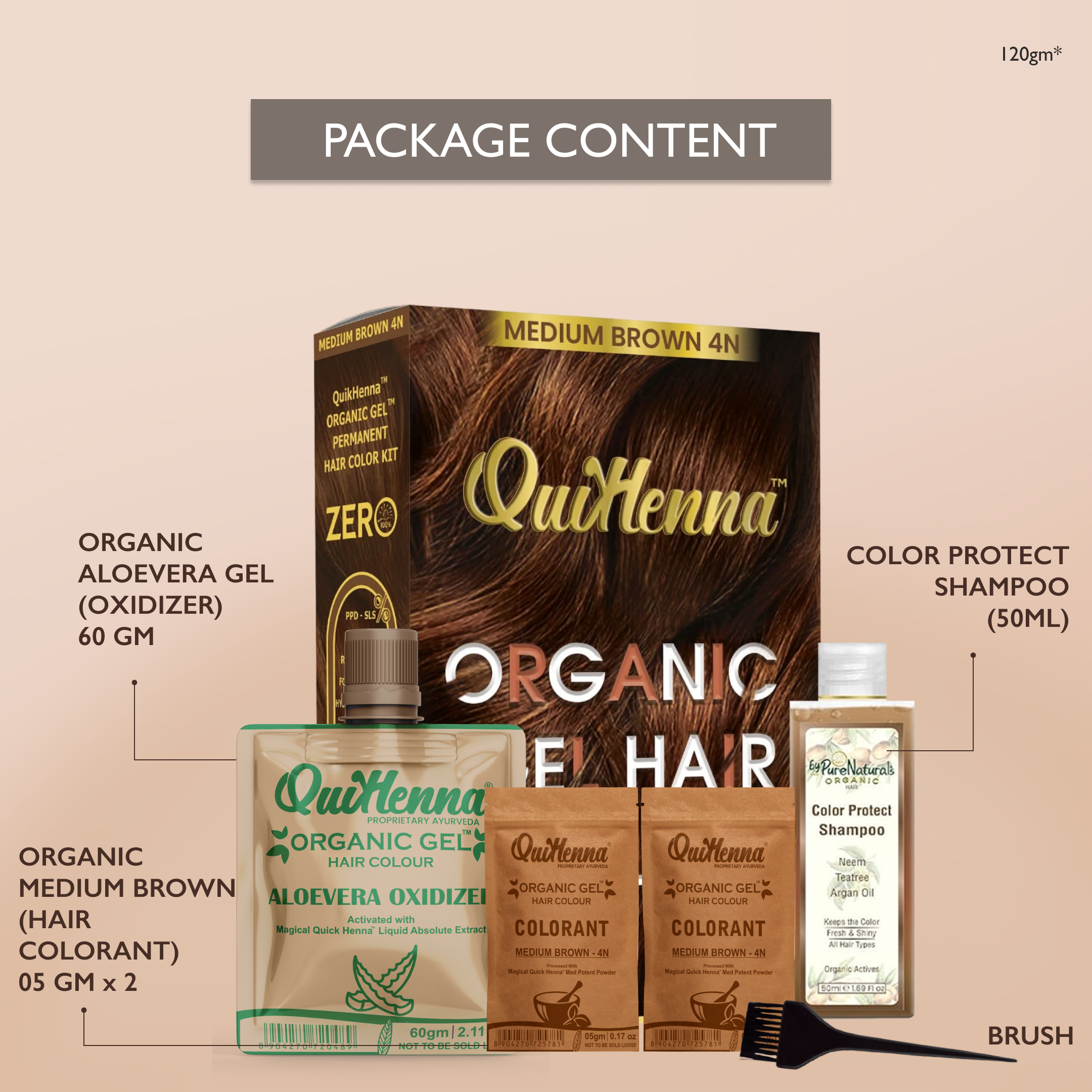 QuikHenna Zero Allergic 4N Medium Brown Damage Free Organic Gel Hair Color 120g
