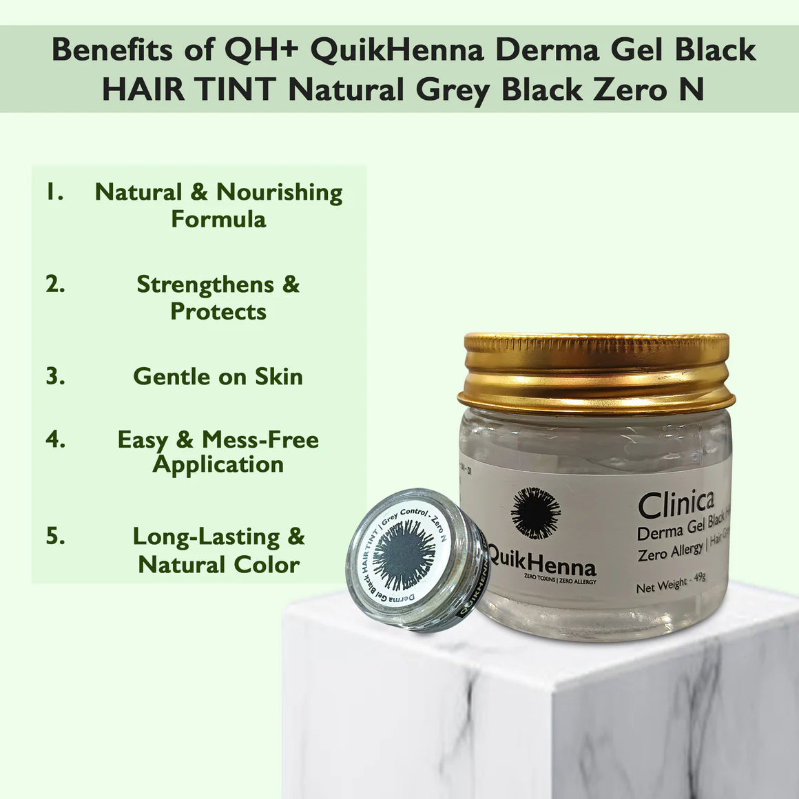 QH+ QuikHenna CLINICA Derma Gel Black Tint Hair Color - 0N Natural Grey Black - 56gm