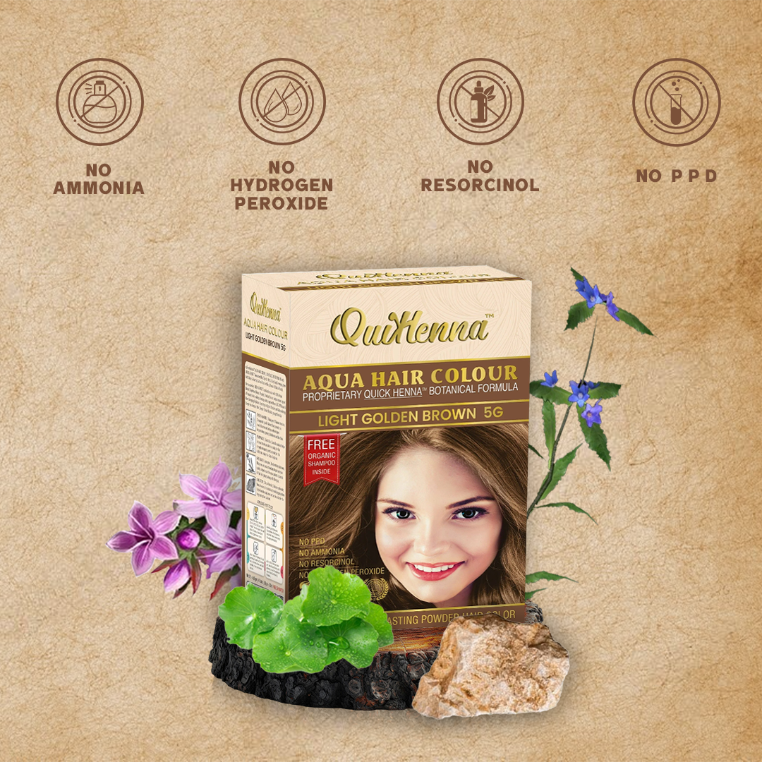 QuikHenna AQUA Powder Hair Color 5G Light Golden Brown For Men & Women, 110GM | Permanent Long Lasting Hair Color | Free From PPD, Resorcinols, Peroxides, Ammonia & Harsh Chemicals