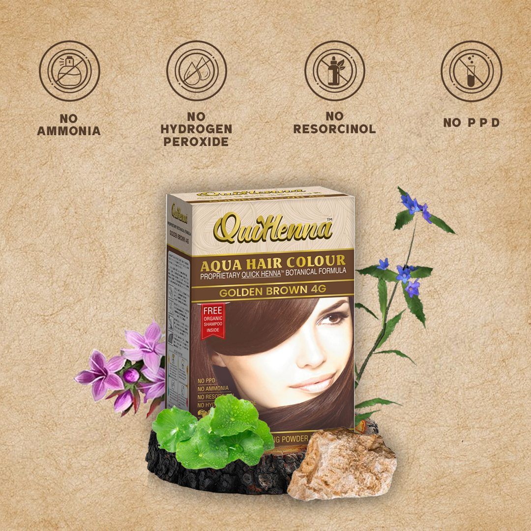 QuikHenna AQUA Powder Hair Color 4G Golden Brown For Men & Women, 110GM | Permanent Long Lasting Hair Color | Free From PPD, Resorcinols, Peroxides, Ammonia & Harsh Chemicals