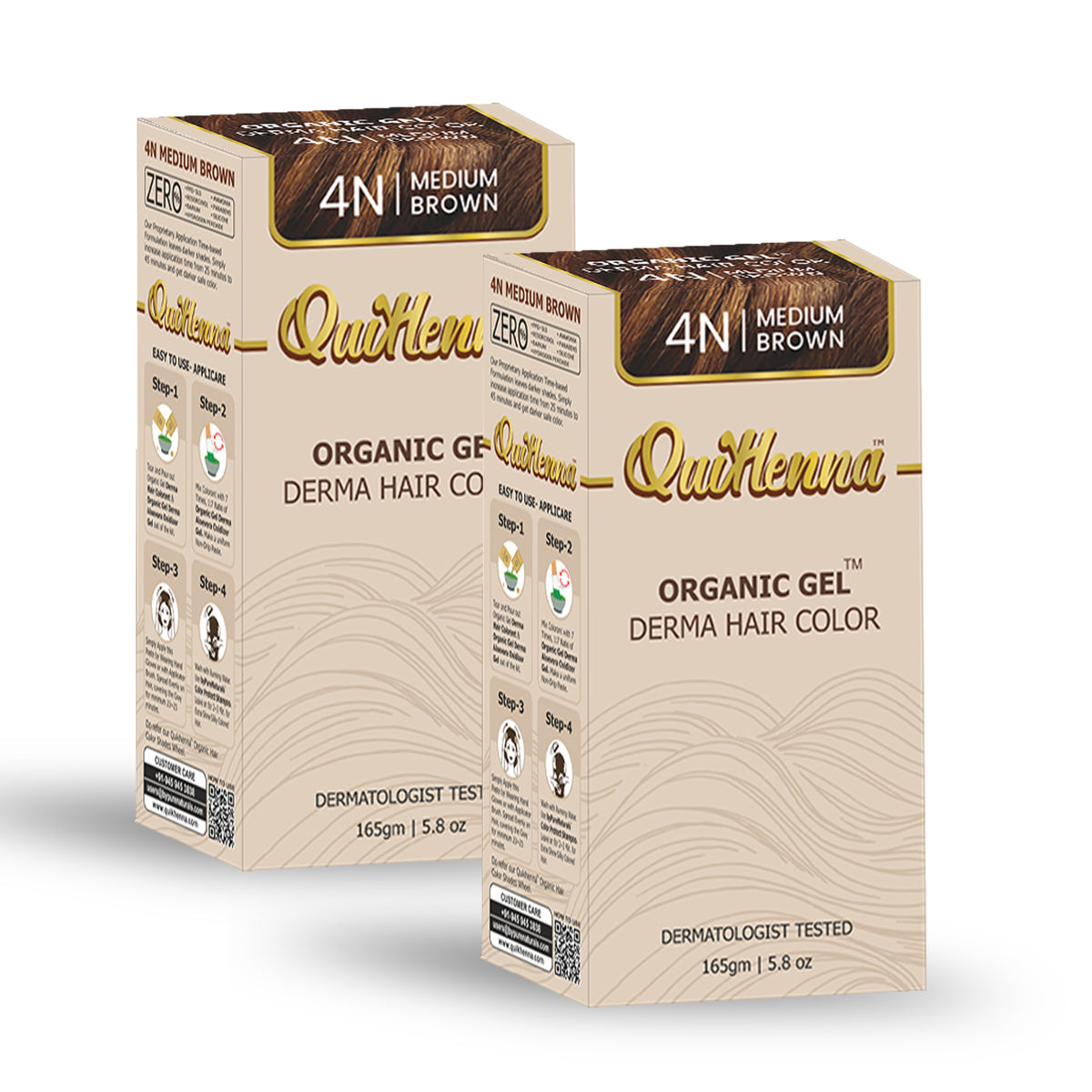QH+ QuikHenna Organic Gel Derma Hair Color - 4N Medium Brown 165gm Pack of 2