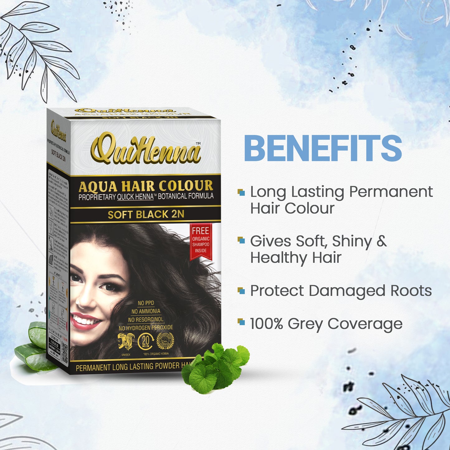 QuikHenna Organic Aqua Powder Hair colour- 2N Soft Black 110gm