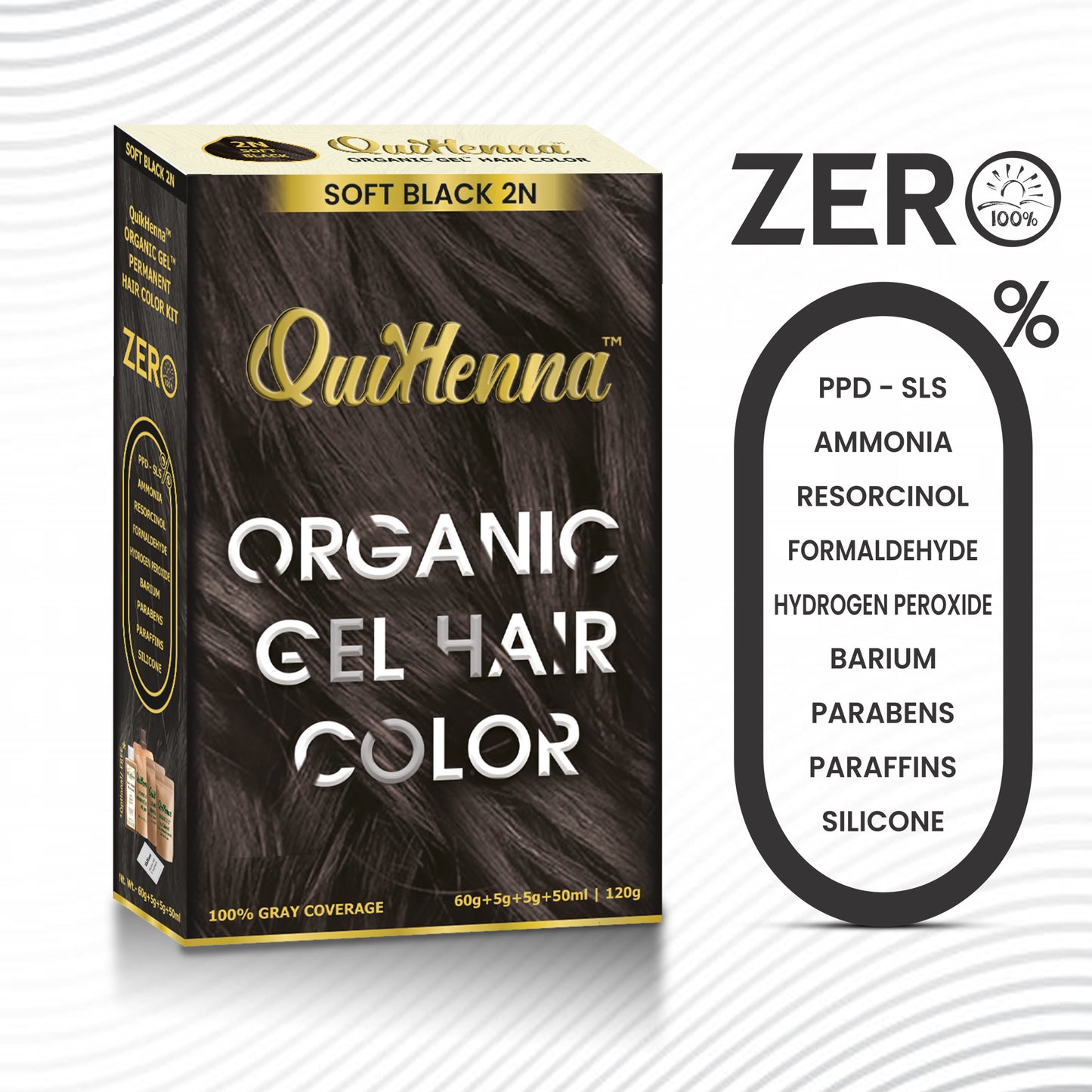 QuikHenna PPD & Ammonia Free Organic Gel Permanent Hair Colour 2N Soft Black for Men & Women 120GM