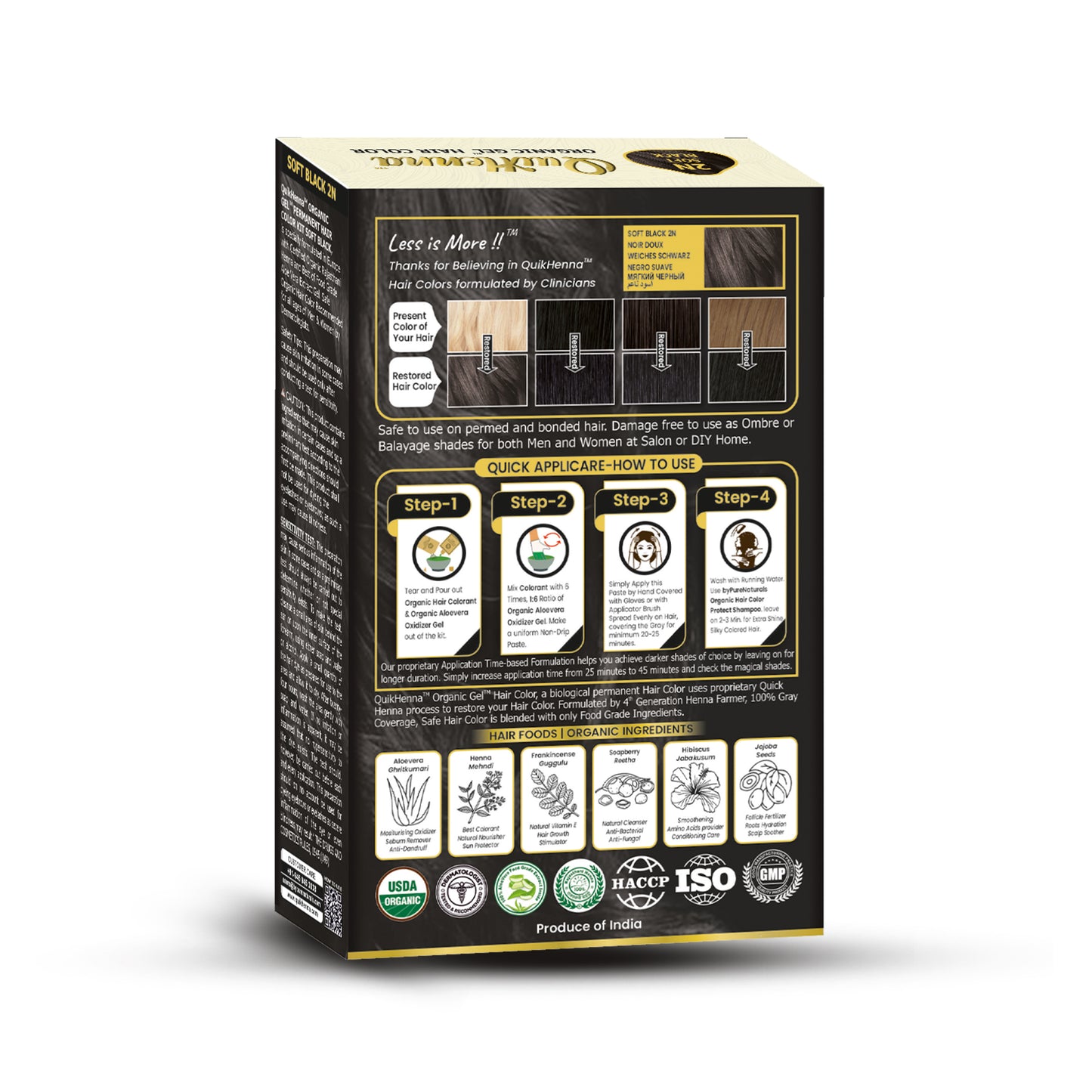 QuikHenna PPD & Ammonia Free Organic Gel Permanent Hair Colour 2N Soft Black for Men & Women 120GM Pack of 2