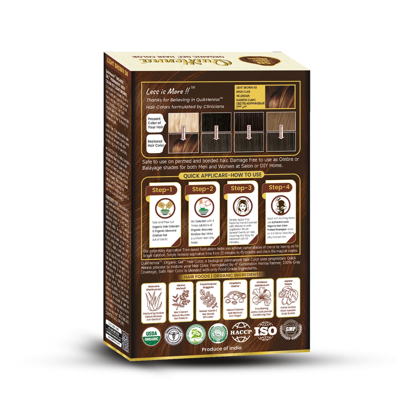 QuikHenna PPD & Ammonia Free Organic Gel Permanent Hair Colour 5N Light Brown for Men & Women 120GM