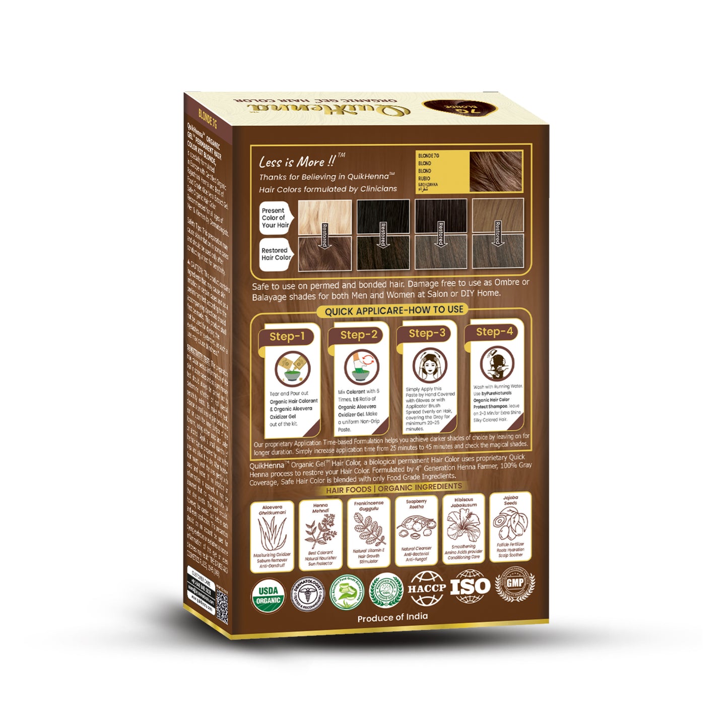 QuikHenna PPD & Ammonia Free Organic Gel Hair Colour 7G Blonde for Men & Women 120GM