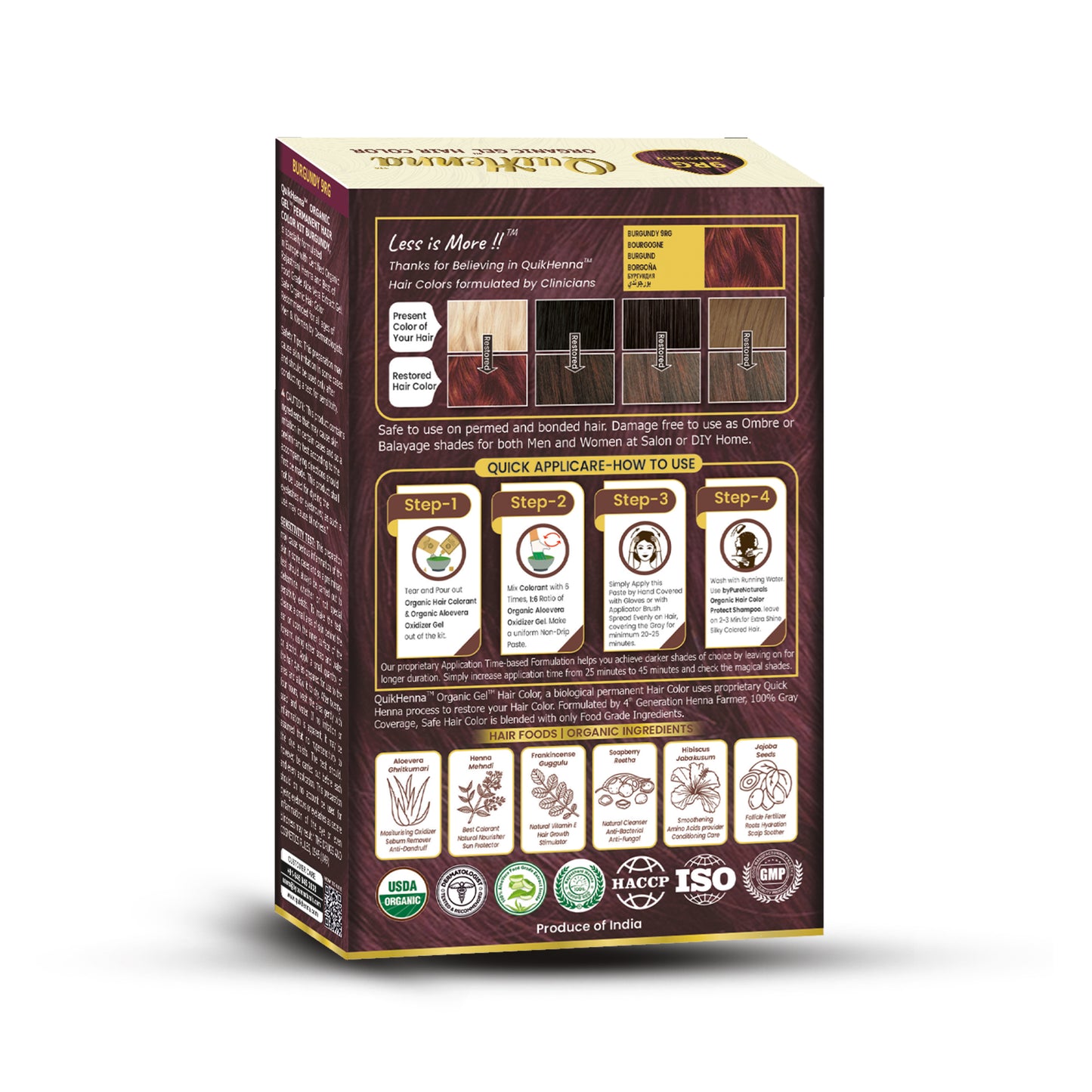 QuikHenna PPD & Ammonia Free Organic Gel Hair Colour 9RG Burgundy for Men & Women 120GM